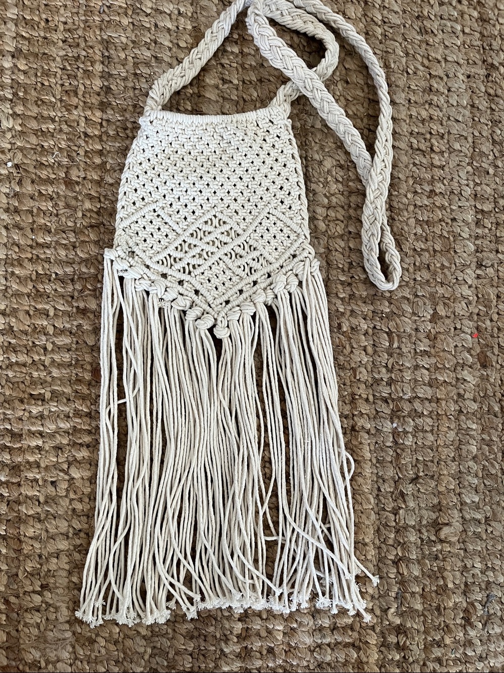 Bohemian Cream Macramé Fringe Crossbody Bag
100% cotton
Snap closure